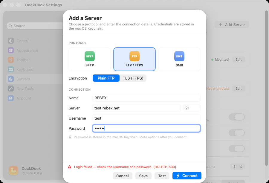 The Settings, Servers page listing saved connections grouped by protocol, each with a badge, detail line, and status pill