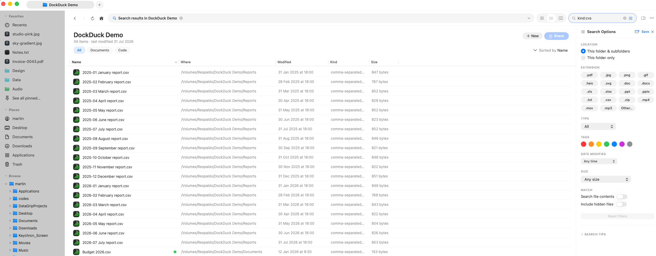 A key:value query typed into the search field, with the matching results listed below