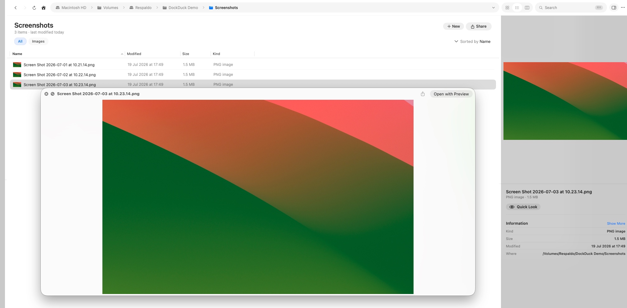 The macOS Quick Look panel showing a file full-size, centered over the DockDuck window