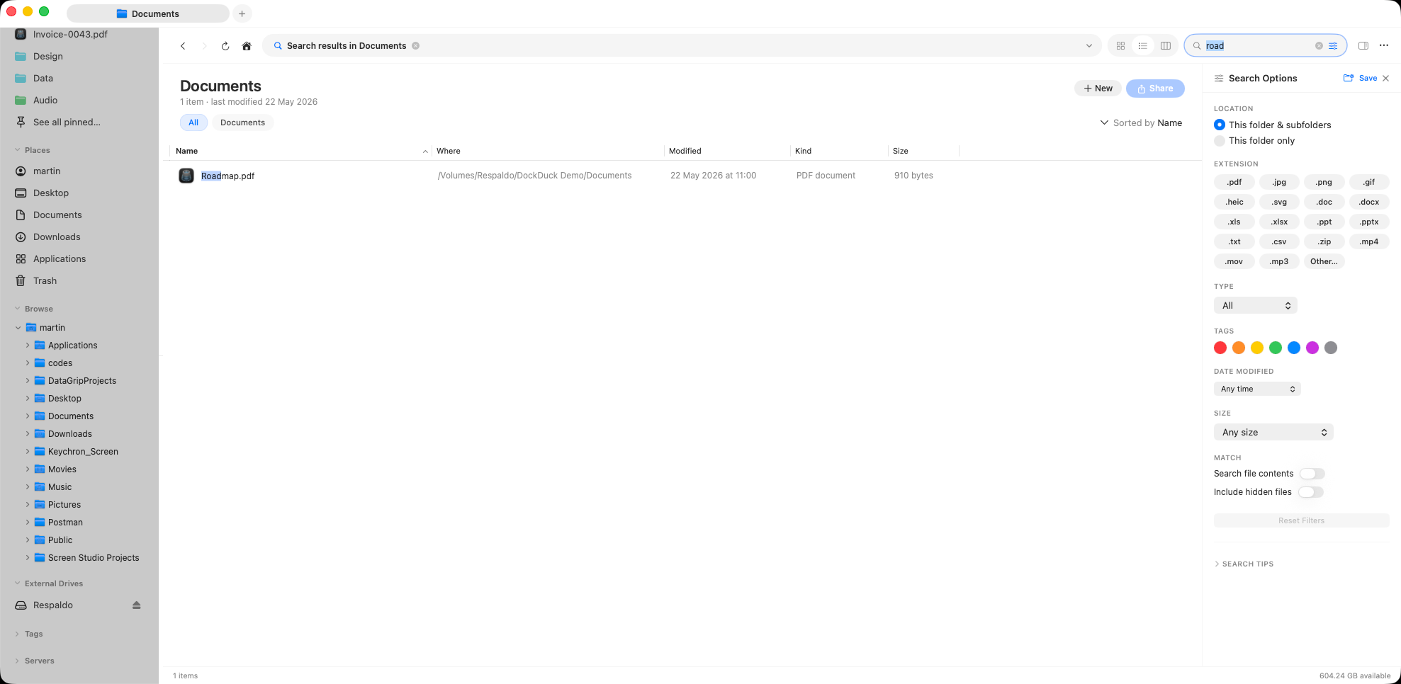 Search results in list view with the matched term highlighted in each name and a Where column showing the enclosing folder