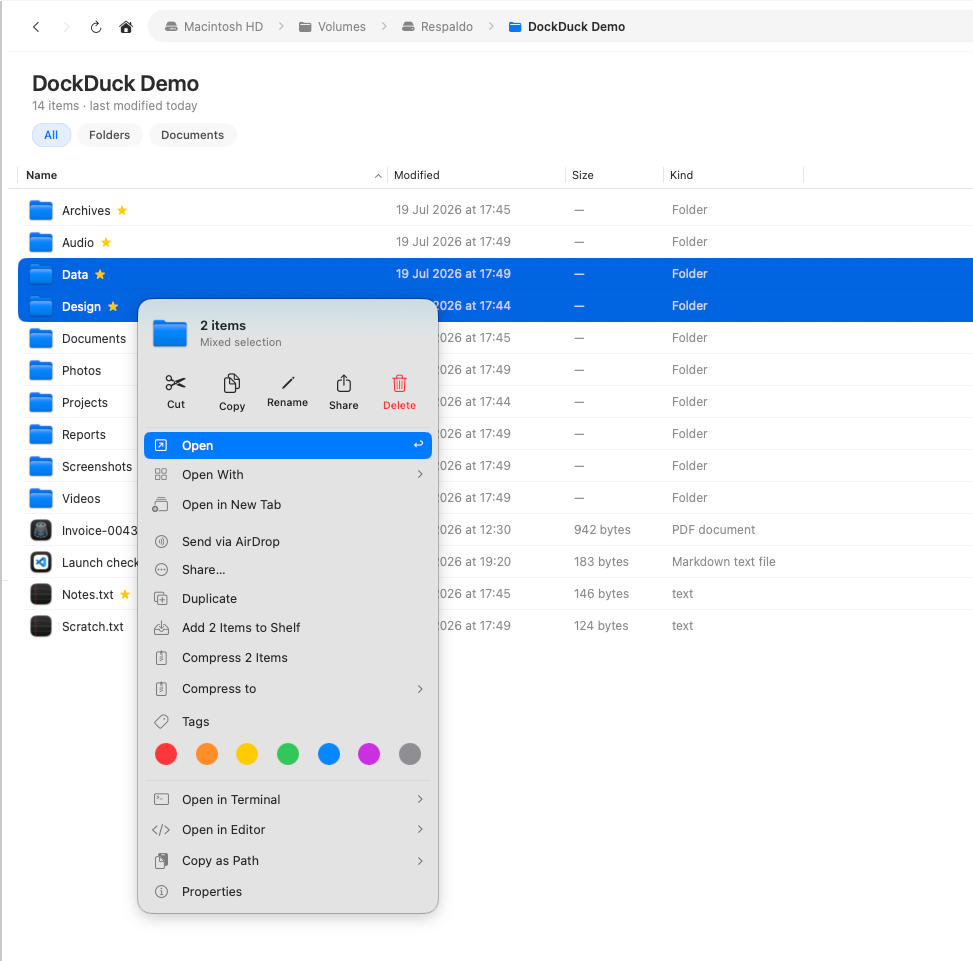 The right-click context menu open on a selected file, gathering Open, Cut, Copy, Rename, and the other per-item actions