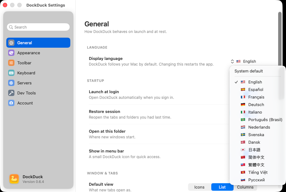 The Settings window with the pane sidebar on the left and the General pane open