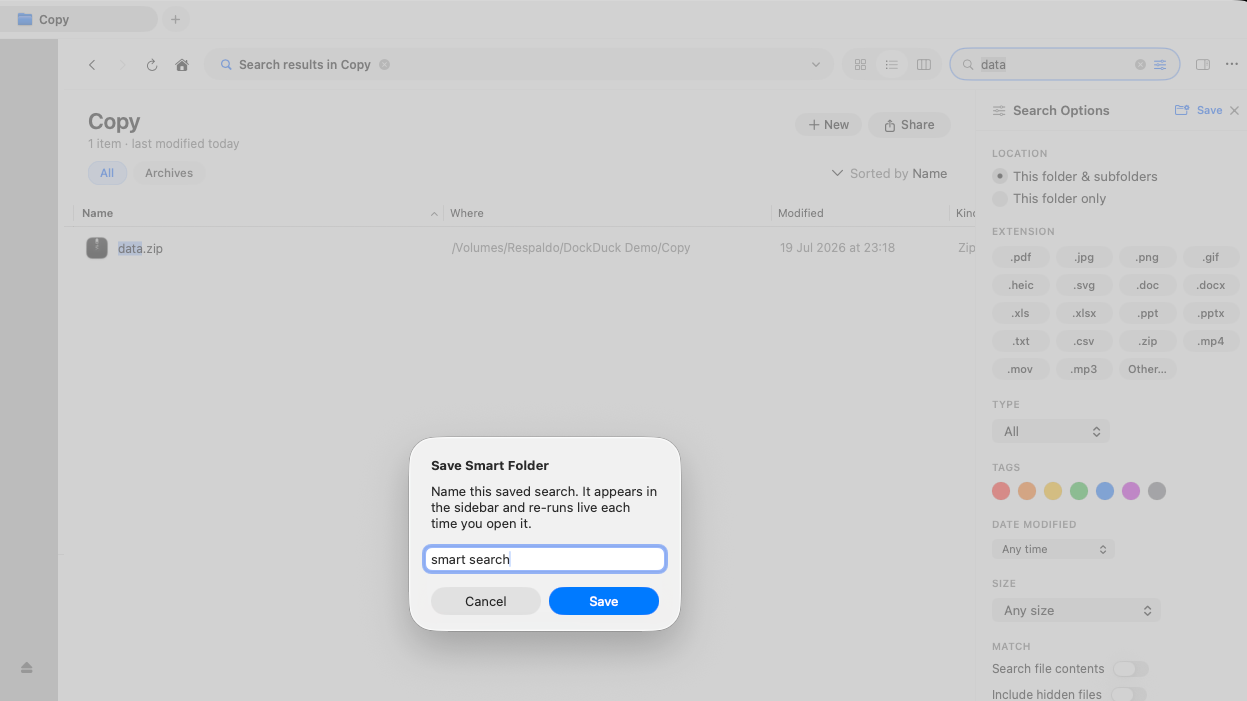 The Smart Folders section in the sidebar with a saved search selected, showing its live results as a listing