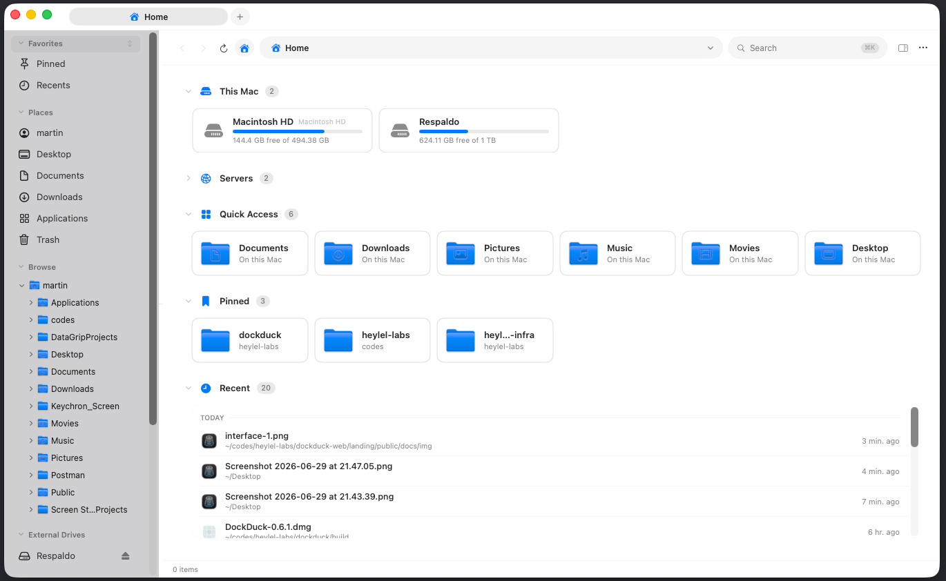 The Start Page dashboard with the This Mac, Servers, Quick Access, Pinned, and Recent sections stacked top to bottom