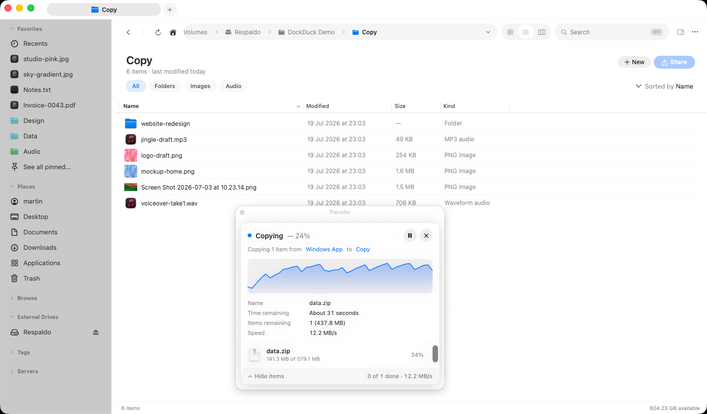 The Transfers progress panel showing a live transfer with a throughput sparkline, speed, percentage complete, and time remaining