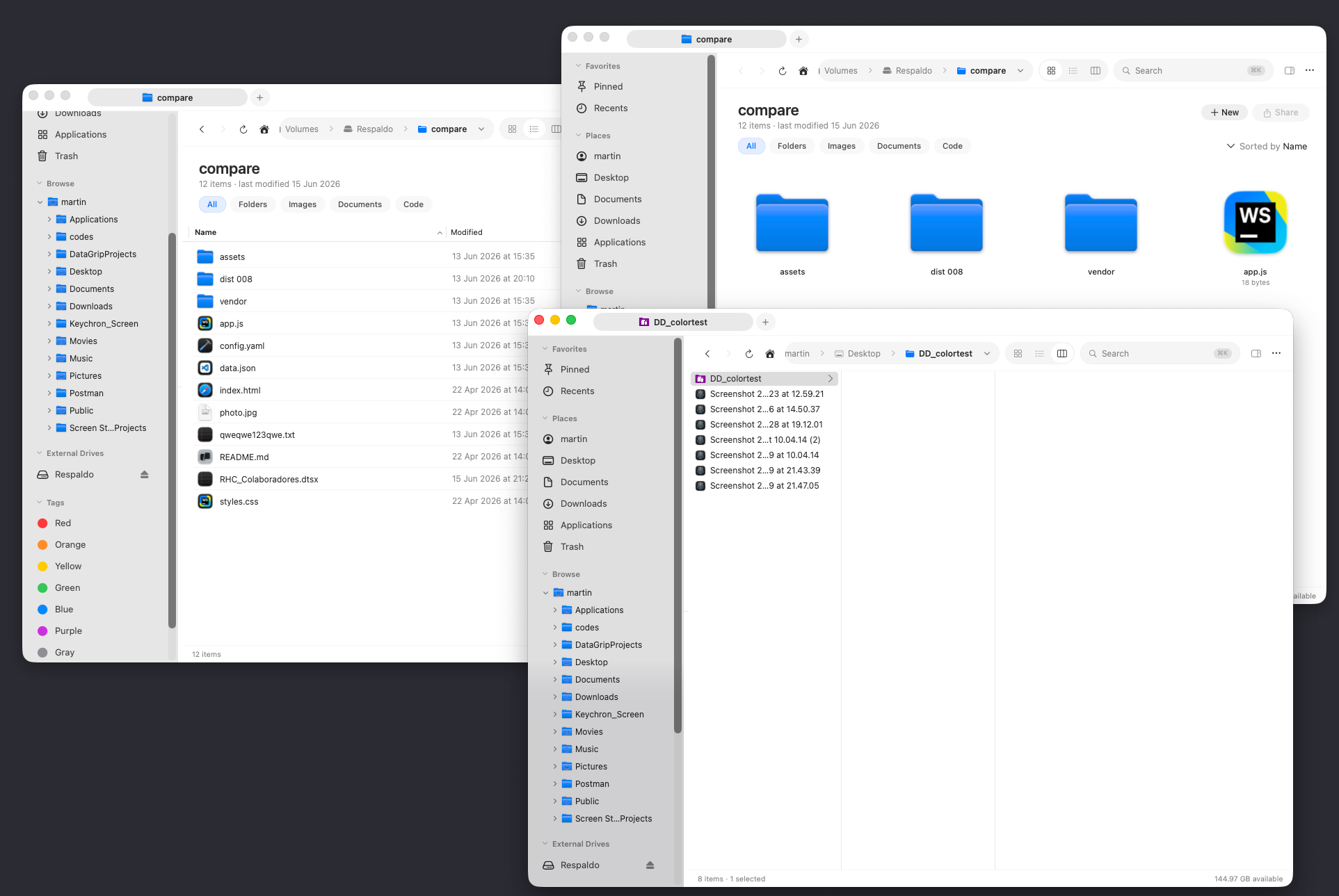 The same folder shown in all three view modes — Icons grid, List table, and cascading Columns