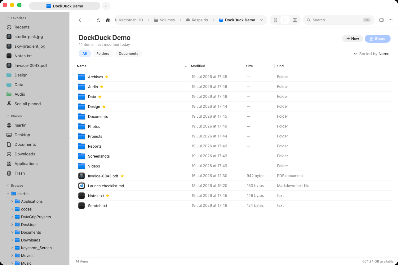 The DockDuck main window browsing a folder, showing the native macOS look with sidebar, toolbar, file area, and preview panel